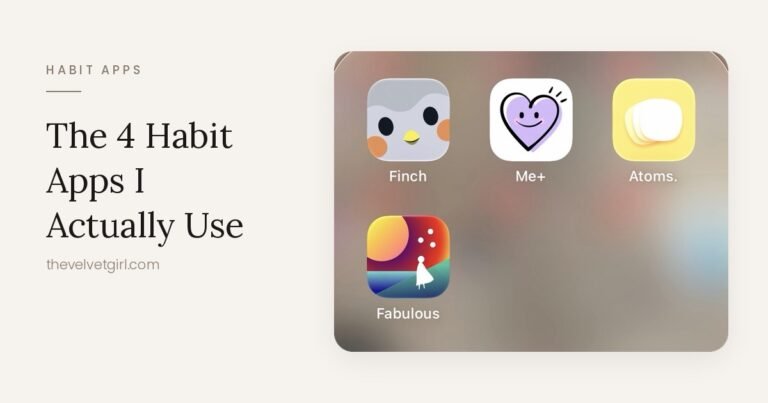 Phone screen showing four habit-tracking apps — Finch, Me+, Atoms and Fabulous